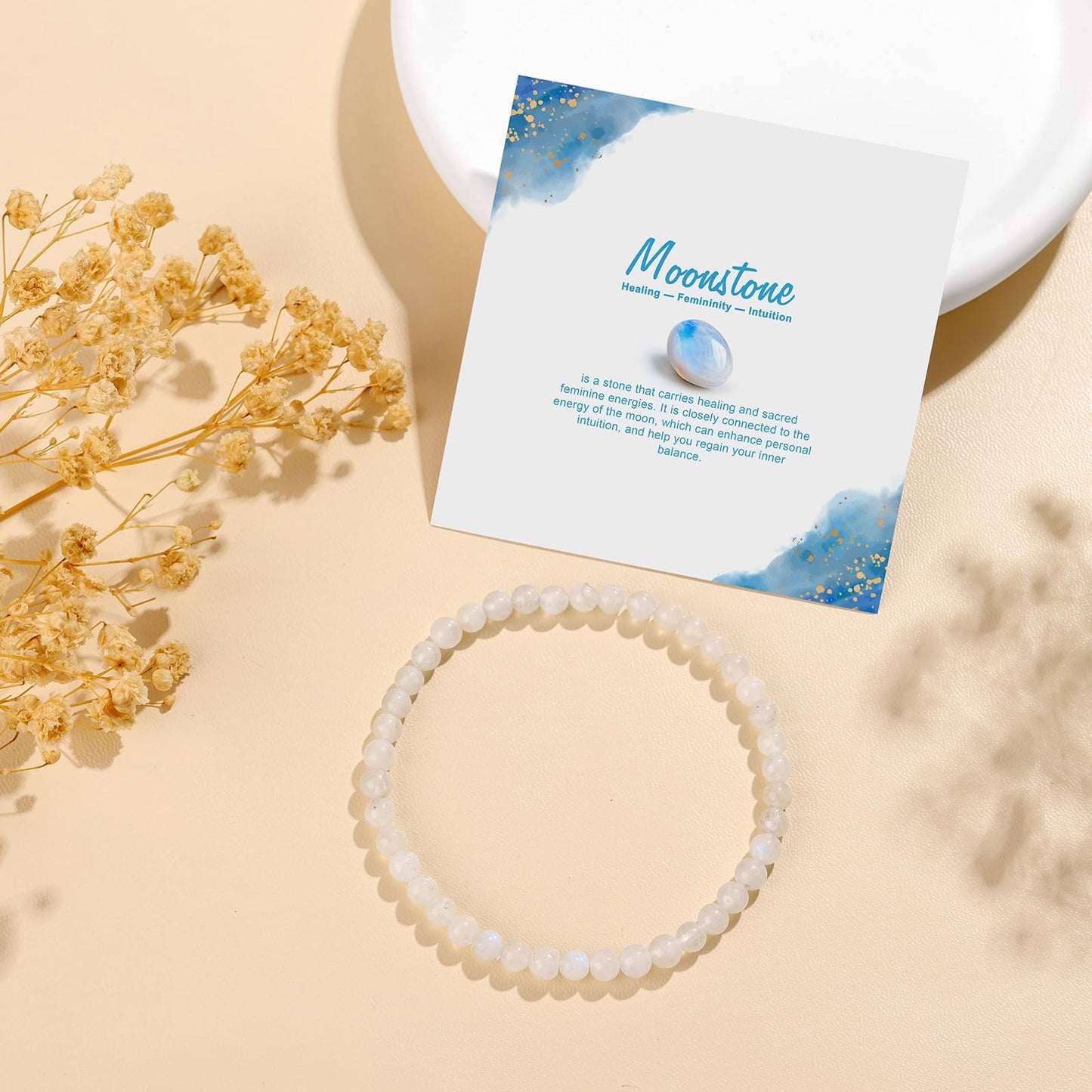 GolbalJew Natural Gemstone Beads Bracelets Healing Crystal Stone Beaded Bracelet for Women Men Handmade Spiritual Jewelry Gifts, 4mm Moonstone Round Beads