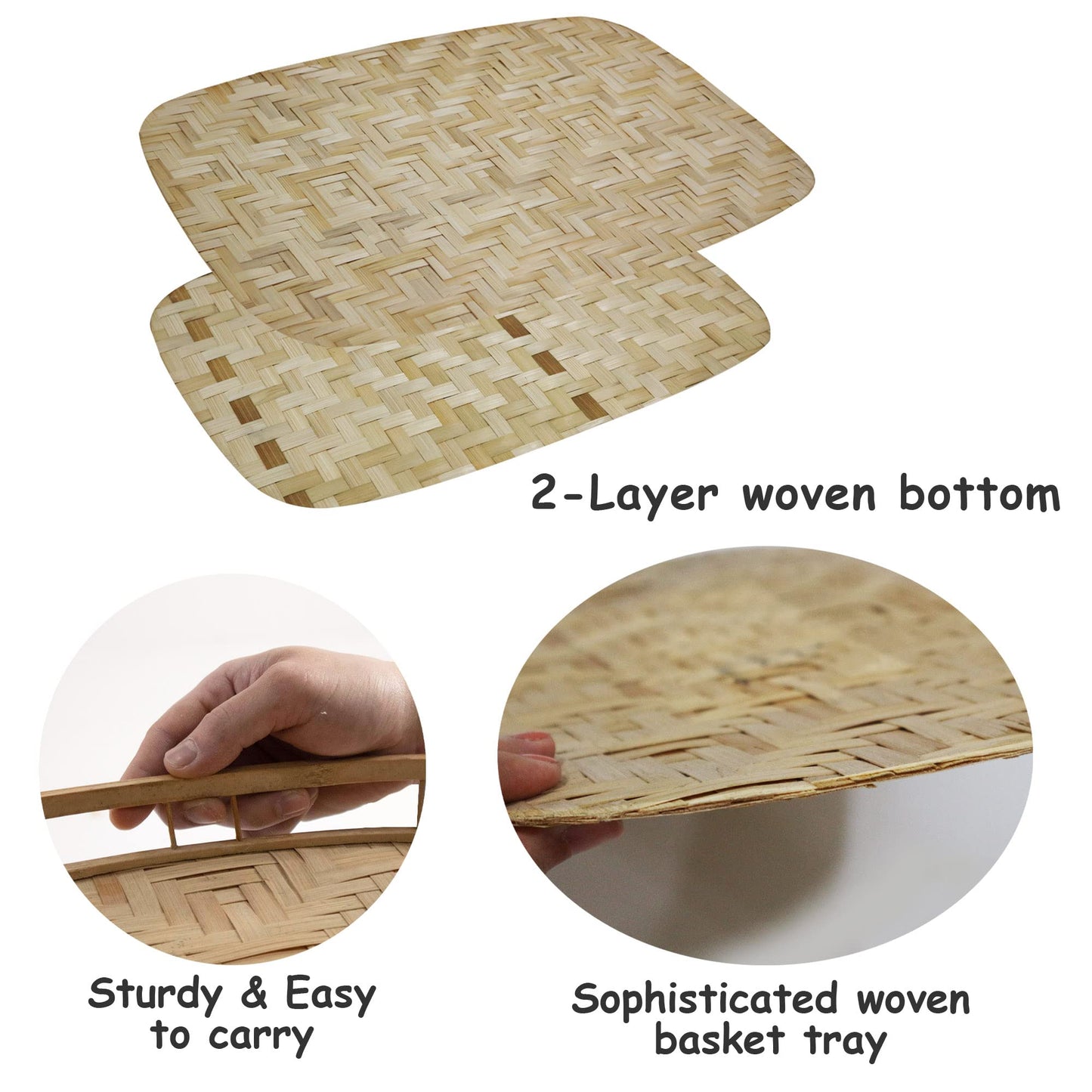 PEMAR Set of 6 Bamboo Wicker Serving Trays for Foods and Drinks, Rectangular Lap Trays for Breakfast. Decorative Bamboo Wood Basket Trays for Coffee Table, Picnic, Bed Eating, Natural