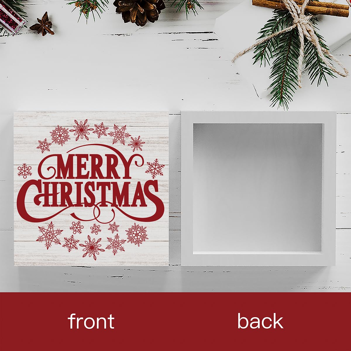 Retro Rustic Winter Merry Christmas with Snowflakes Wood Box Sign, Farmhouse Christmas Santa Artwork Decor, Wood Square Sign Desk Block Signs Home Shelf Office Decoration 5 x 5 Inches