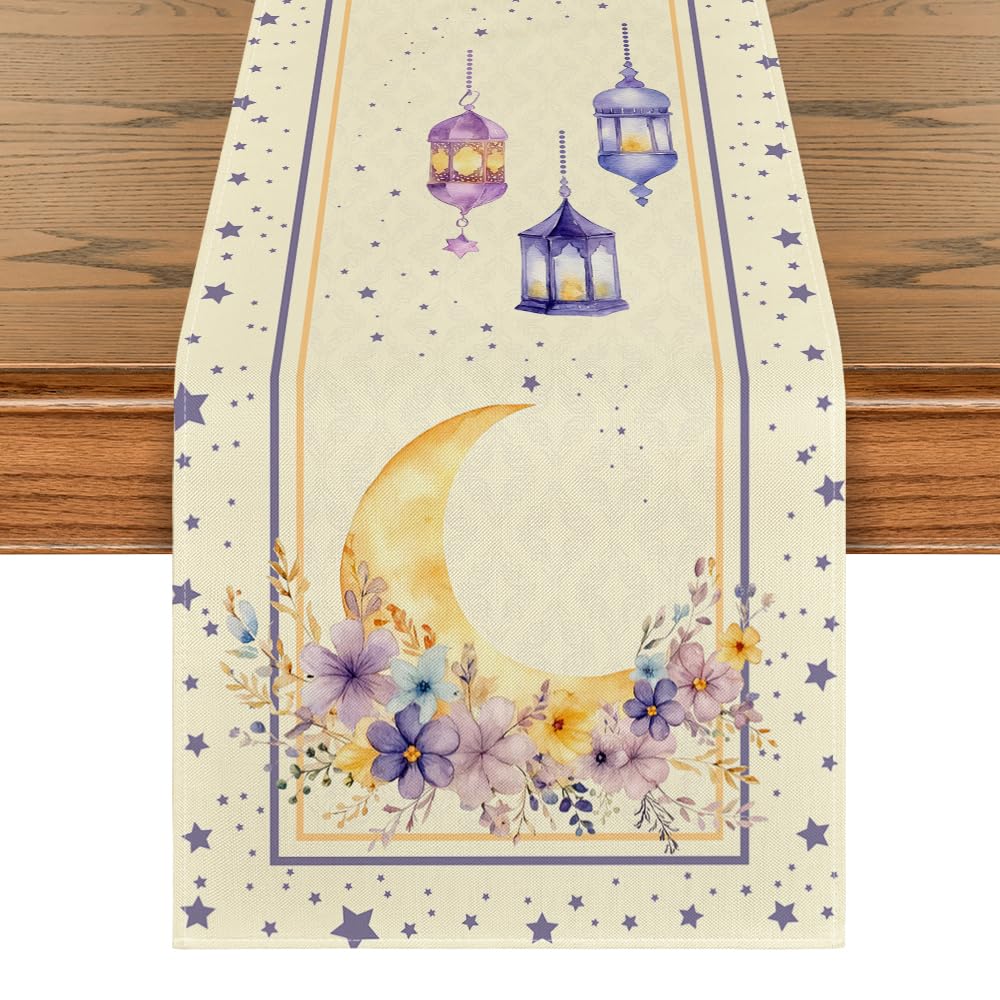 Artoid Mode Ramadan Moon Lantern Floral Table Runner, Seasonal Kitchen Dining Table Decoration for Home Party Decor 13x72 Inch