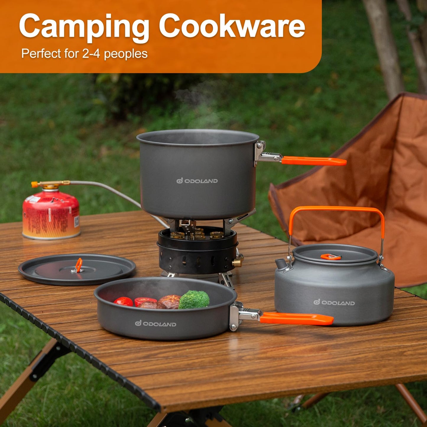 Odoland Camping Cookware Mess Kit, Camping Cooking Pot, Fry Pan and 2.0L Kettle Set, Portable Cookware Set with Mesh Bag for Backpacking, Outdoor Cooking and Picnic, for 5-7 People