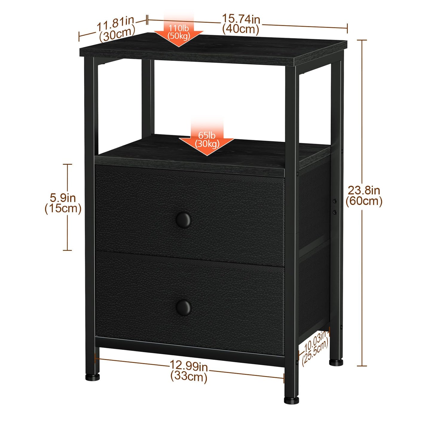 LOAKEKEL Night Stand, Nightstand with 2 Fabric Drawers for Bedroom, Small End Table with Open Storage Shelf for Living Room, Bedisde Table for Apartment, Black, HETS002BK-1