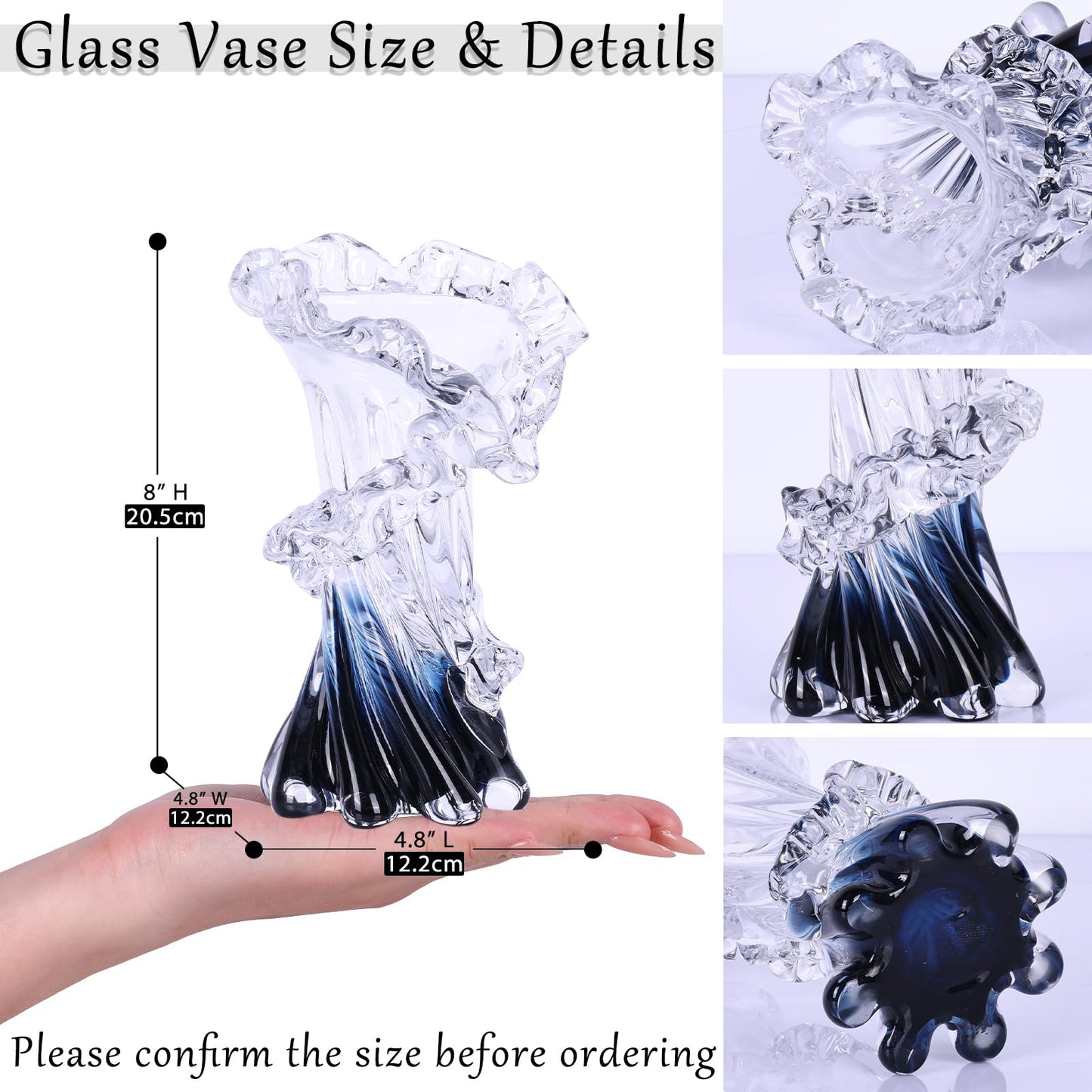 oliruim Hand Blown Blue Glass Vase, Unique Art Beautiful Ocean Glass Vase for Home Centerpiece, Coffee Table, Living Room, Office Decor - 8" H