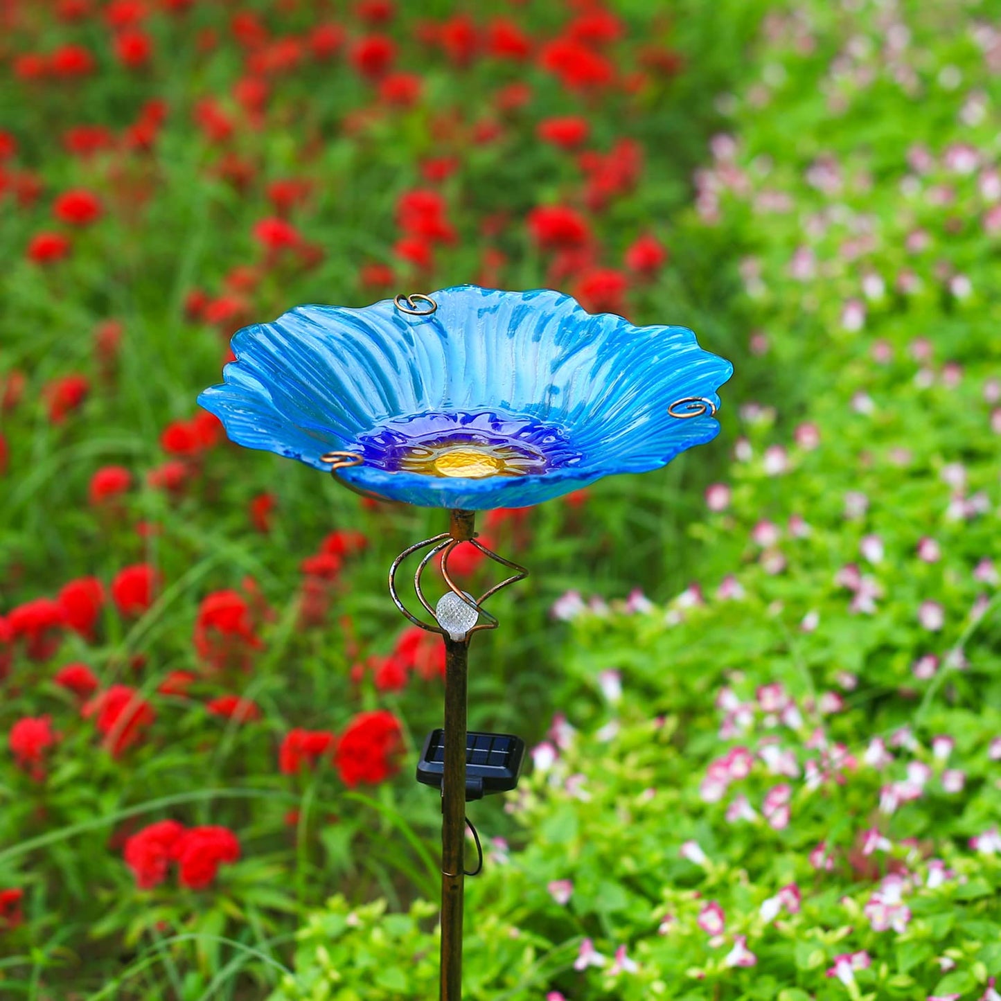 Homight Solar Glass Blue Bird Bath, Yard Art，Garden Outdoor Birdbath with Metal Stake with White LED Light Metal Stake Garden Decor Gifts