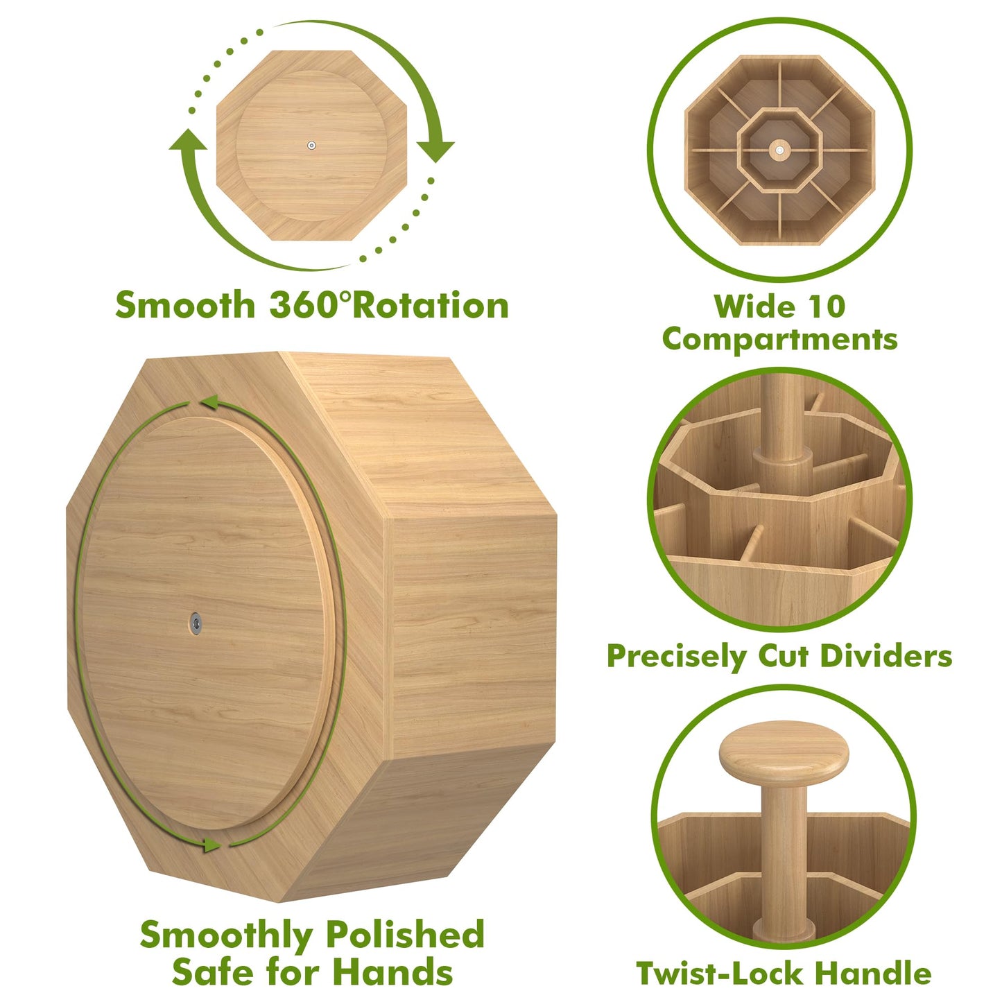 CraftGenes Bamboo Rotating Pen Organizer for Desk, 360° Spinning Desk Organizer with 10 Compartments, Wooden Pencil Holder, Desk Caddy for Office Supplies, Marker Organizer for Office Home School