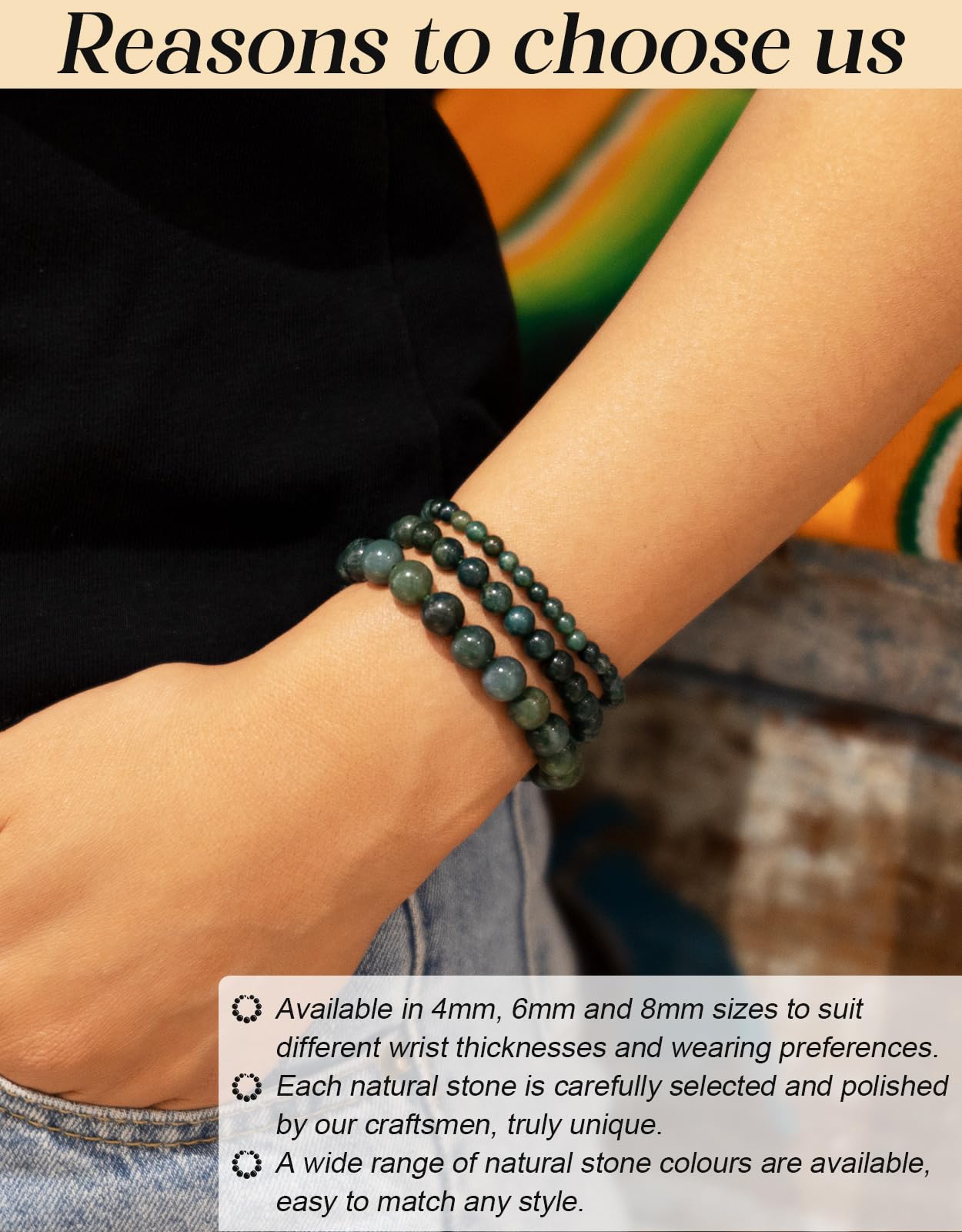 Landorilo Beaded Bracelet for Men Women, 8mm Natural Stone Moss Agate Healing Crystal Stretch Bracelets, Ideal Christmas Birthday Jewelry Gifts with Energy Card，Replacement Beads Included