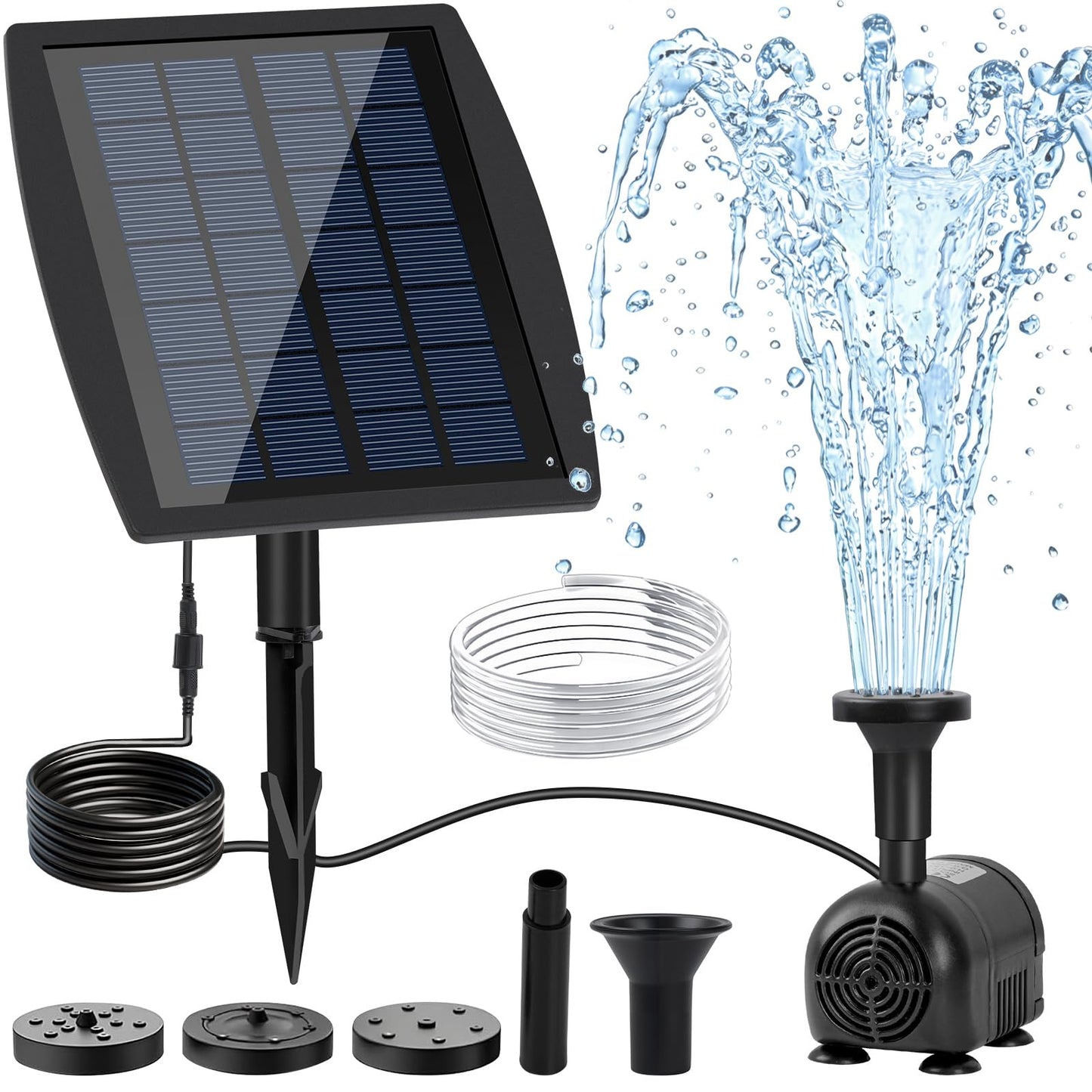 FYDGTPI 2.5W Solar Water Pump with 3 Spray Nozzles, 3.94FT Tubing, 9.85FT Power Cable, DIY Solar Water Fountain for Garden, Yard, Water Feature
