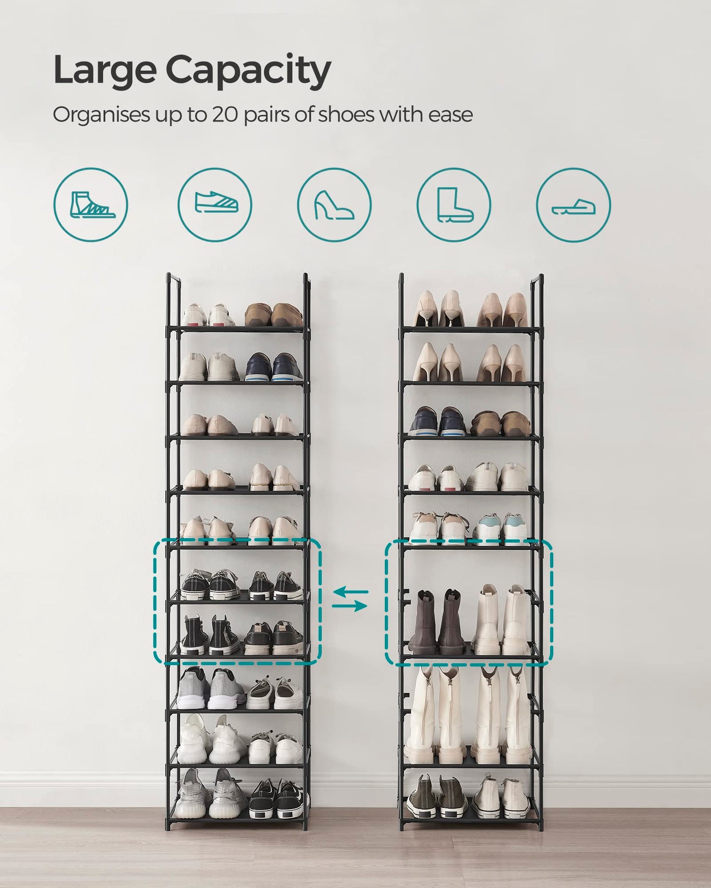 SONGMICS Shoe Rack, 10-Tier Shoe Shelf, Shoe Storage Organizer, 11 x 17.7 x 68 Inches, Metal Frame, Non-Woven Fabric Shelves, for Entryway, Bedroom, Black ULSH010B02
