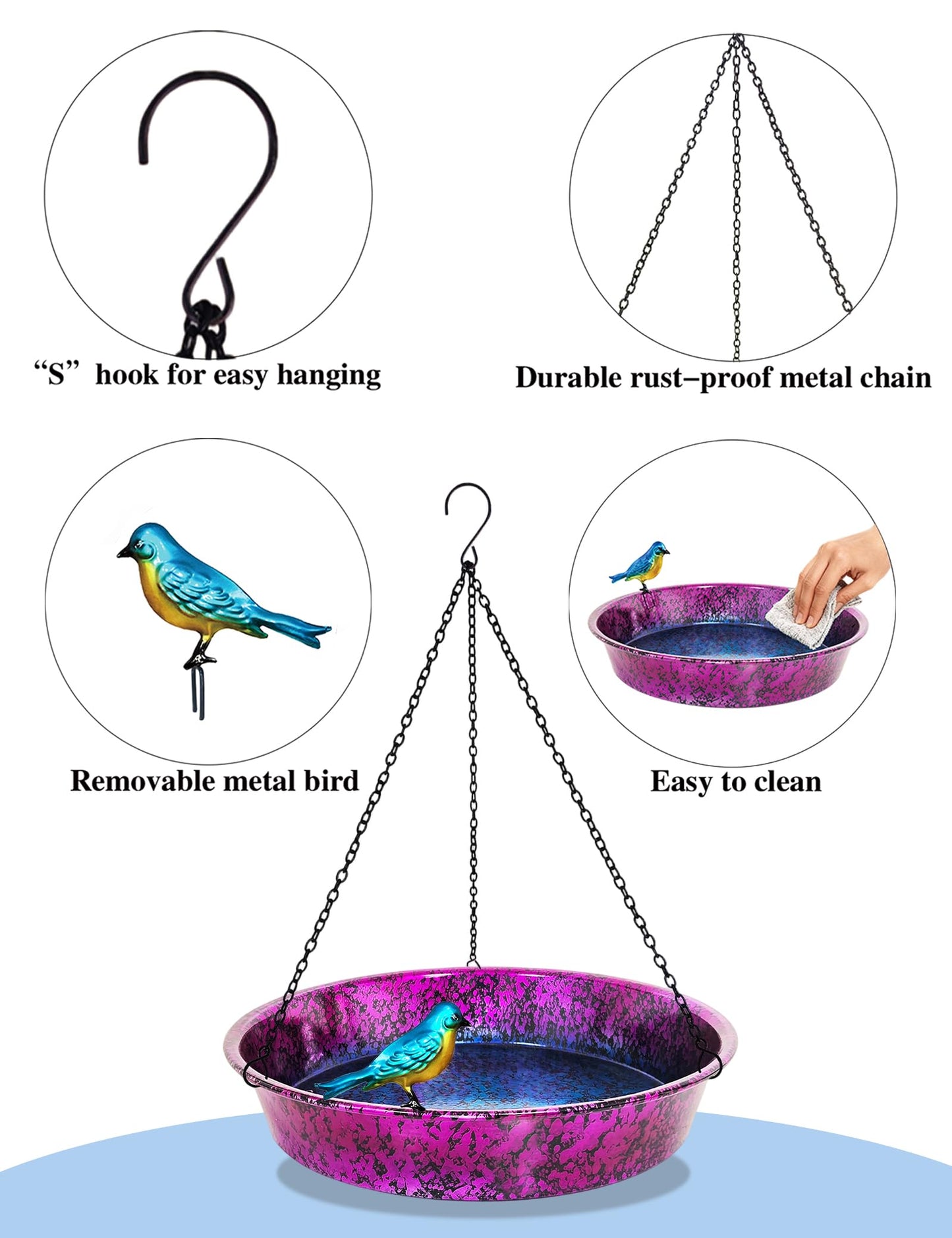 Hanging Bird Bath for Outside, 11.5” Metallic Purple & Blue Metal Birdbath Bowl & Feeder with Black Chain Outdoor Garden Yard Decor