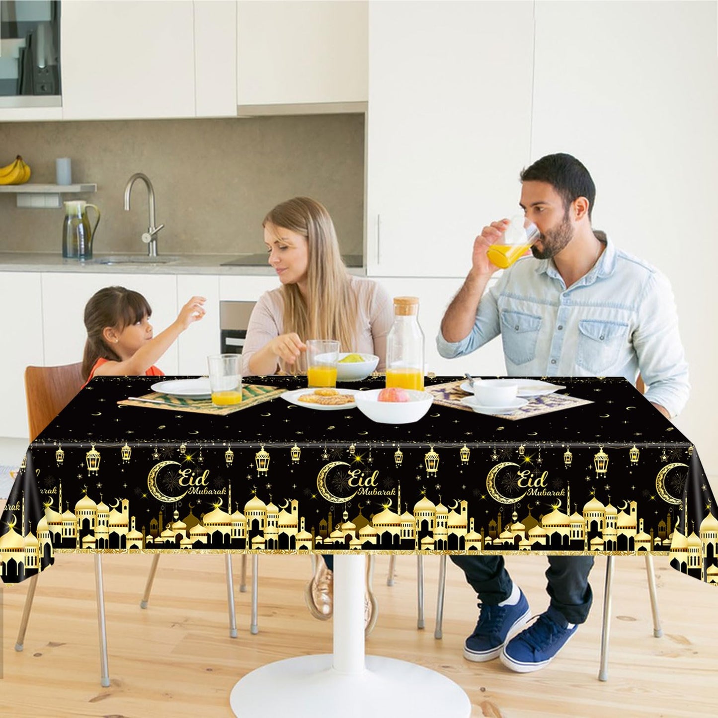 2PCS Eid Mubarak Tablecloths Ramadan Mubarak Table Cloths Eid Al-fitr Disposable Table Cover Islamic Eid Mubarak Decorations Moon Star Lantern Plastic Rectangle Tablecloth for Dinner Picnic 54"x108"