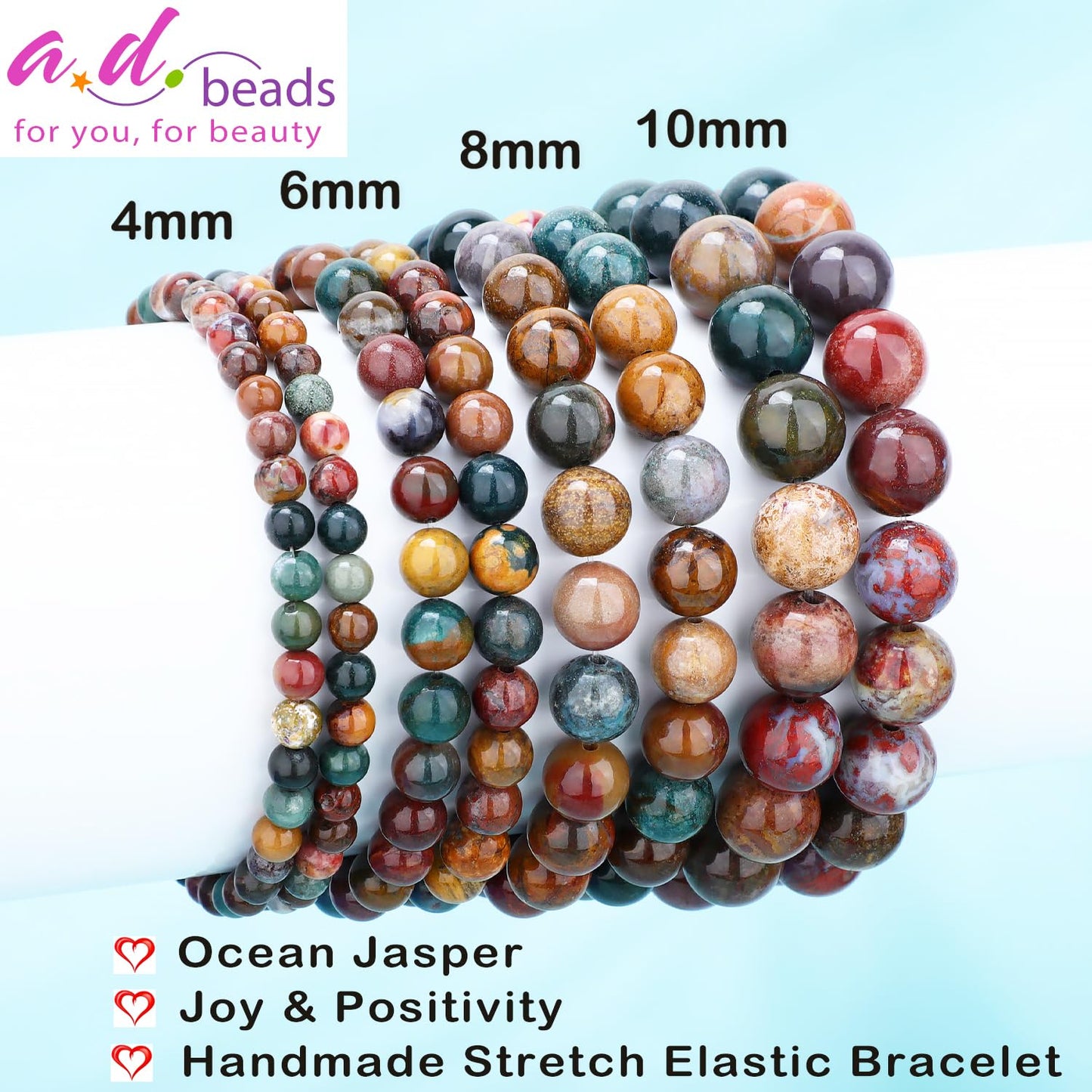 AD Beads 6mm Handmade Ocean Jasper Elastic Bracelet – Natural Gemstone for Joy & Positivity – Meditation, Yoga, Healing and Energy Gift for Men Women