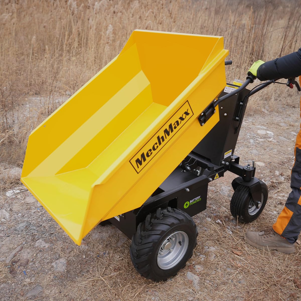 MechMaxx 1100Lbs Loading Battery Powered Barrow Electric Mini Dumper Dump Cart Wheel Barrow, with 30W Light, 1000W 48V Brushless DC Motor, LED Display Screen, Model E50 (Yellow)
