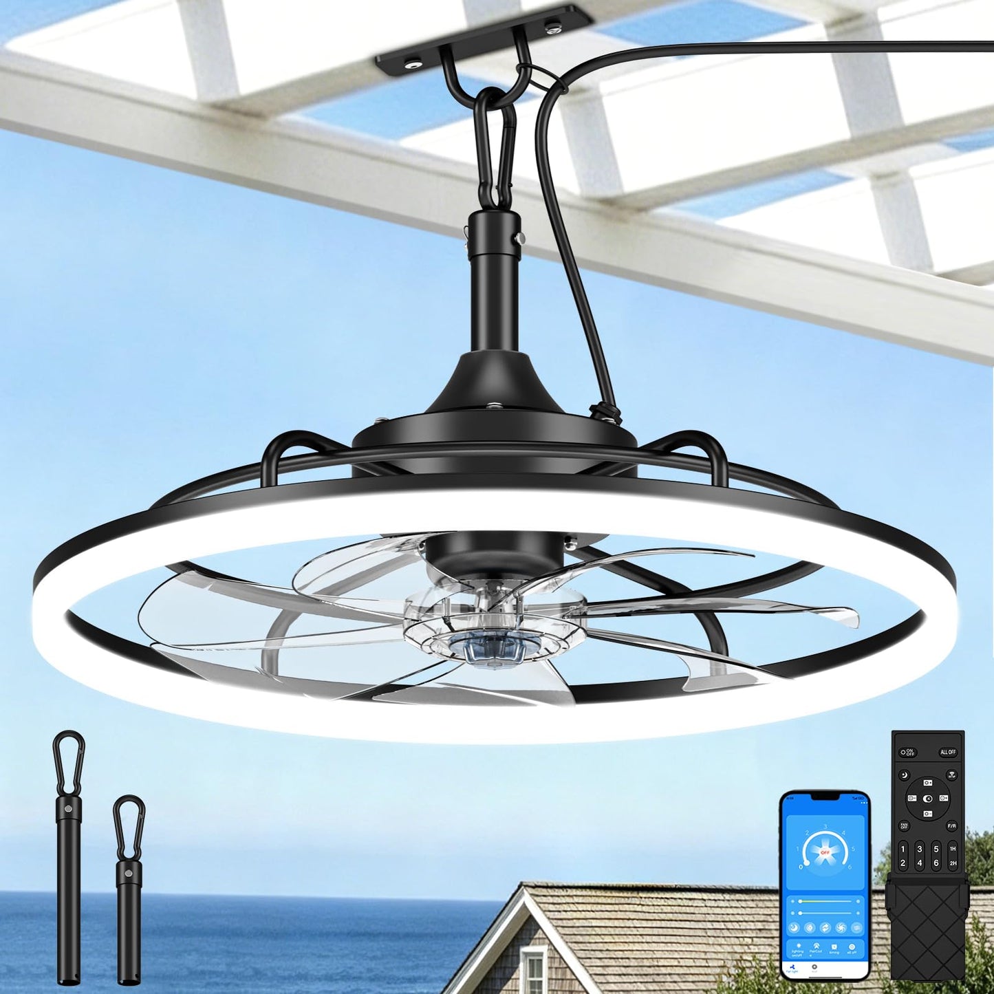 VOLISUN Outdoor Ceiling Fans with Light for Patios, 23.6in Weatherproof Plug in Ceiling Fan, 3000K-6500K Dimmable Gazebo Fan Remote&APP Control, Black Caged Ceiling Fan for Porch, Pergola,Canopy