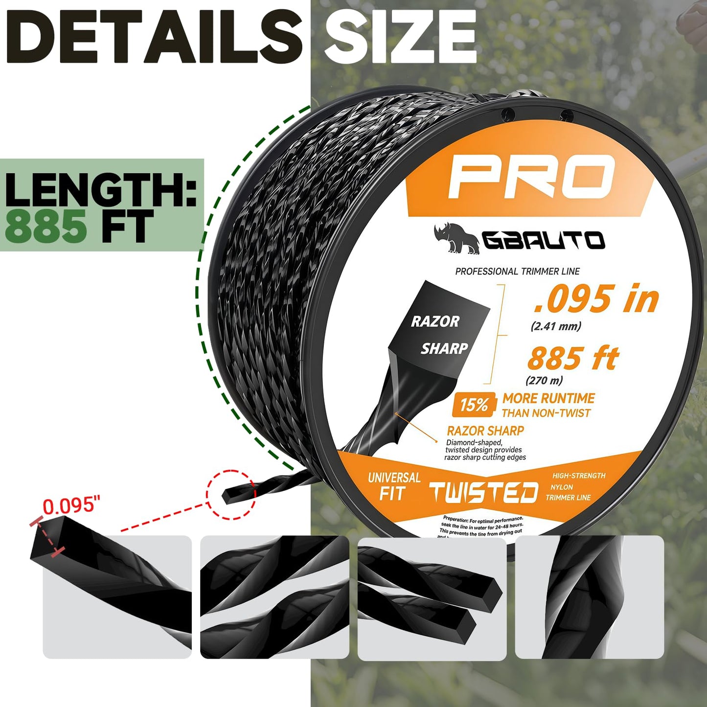 GBAuto 885ft 0.095" for Black Diamond Trimmer Line Cutting String Replacement, for Echo Trimmer Line 330095073