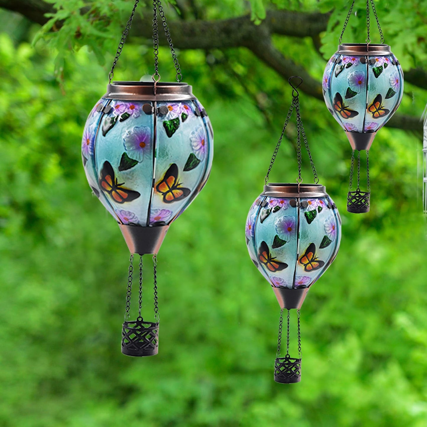 TEYIGARDEN Hot Air Balloon Solar Lantern with Flickering Flame, Glass Hanging Garden Lights Outdoor Waterproof for Tree Yard Patio Mother's Day Gift, 18" H Butterfly