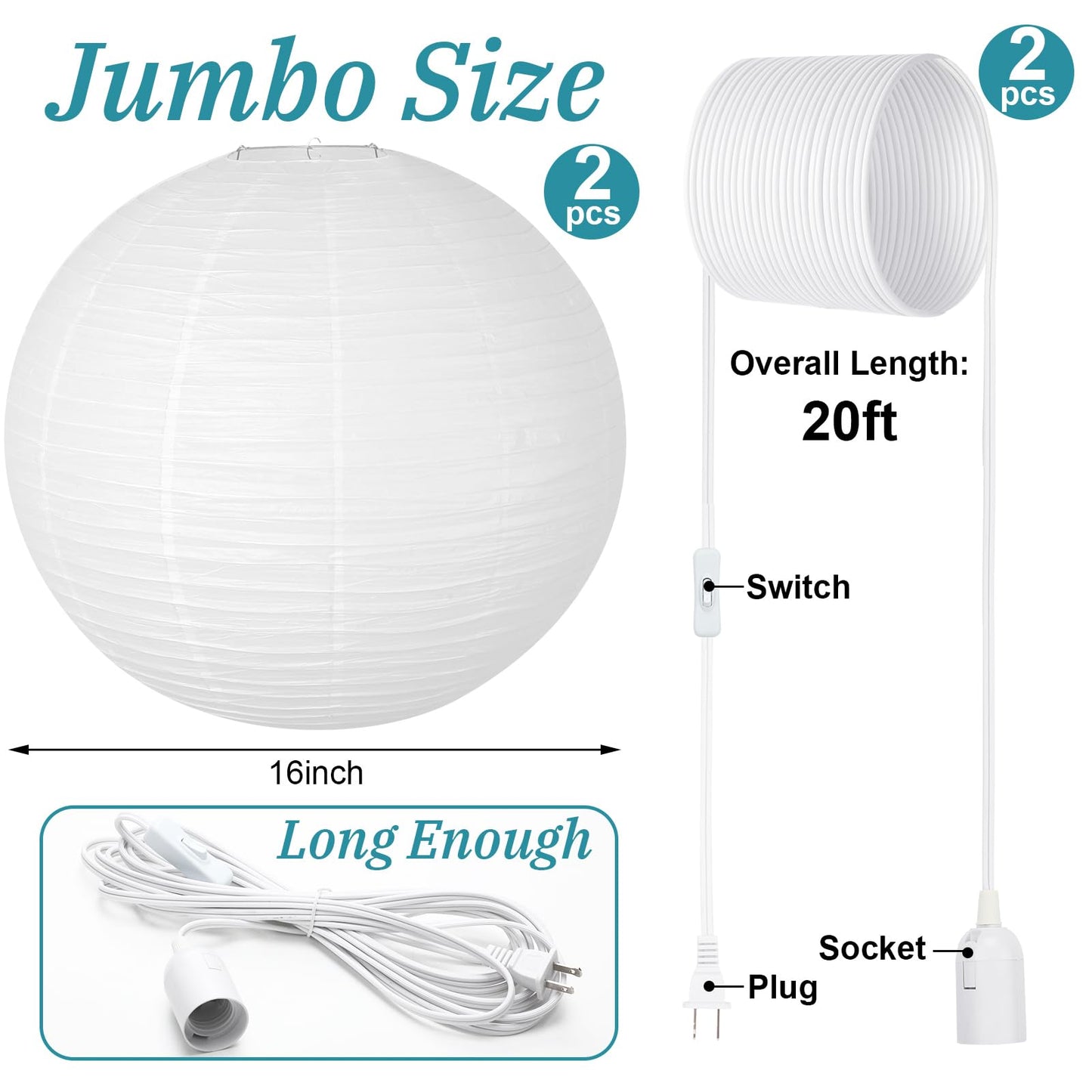 Rossesay 2 Sets Jumbo Paper Lanterns with Lamp Cord Cable White Hanging Paper Lanterns Chinese Japanese Pendant Hanging Lamp for Birthday Wedding Bridal Anniversary Party Decoration (Round,16 Inch)
