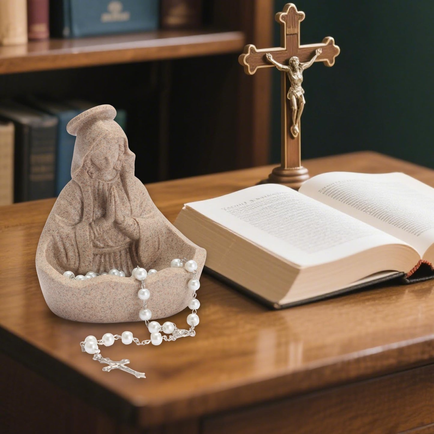 LVEOLU Virgin Mary Statue, Catholic Gifts for Women, Virgin Mary Keepsake Rosary Holder, 5.5" Blessed Mother Statues, Catholic Decor (Sandstone)