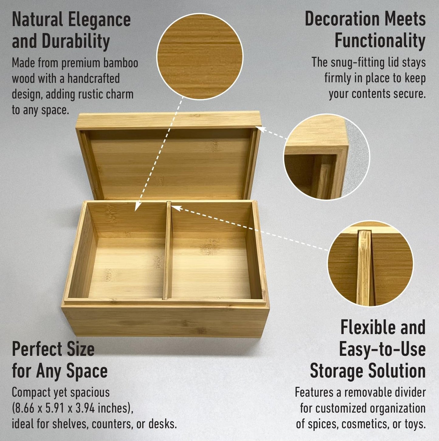 ChicDecor Bamboo Wooden Storage Box with Lid – Natural Wood Organizer with Removable Divider, 8.66 x 5.91 x 3.94 Inches – Decorative Jewelry, Kitchen, Bathroom & Home Organizer