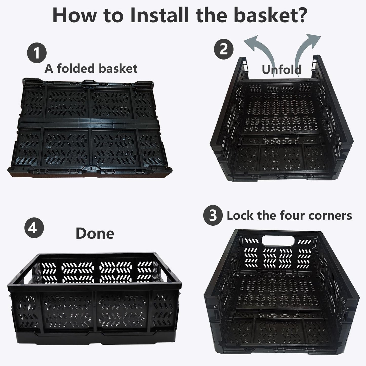 KINGSUSLAY 4-Pack Plastic Storage Crates,20L Foldable Baskets,Collapsible Crates, Storage Baskets and Bins for Toys, Home Storage, Office Products, Christmas Gifts, Easter Eggs (Black)