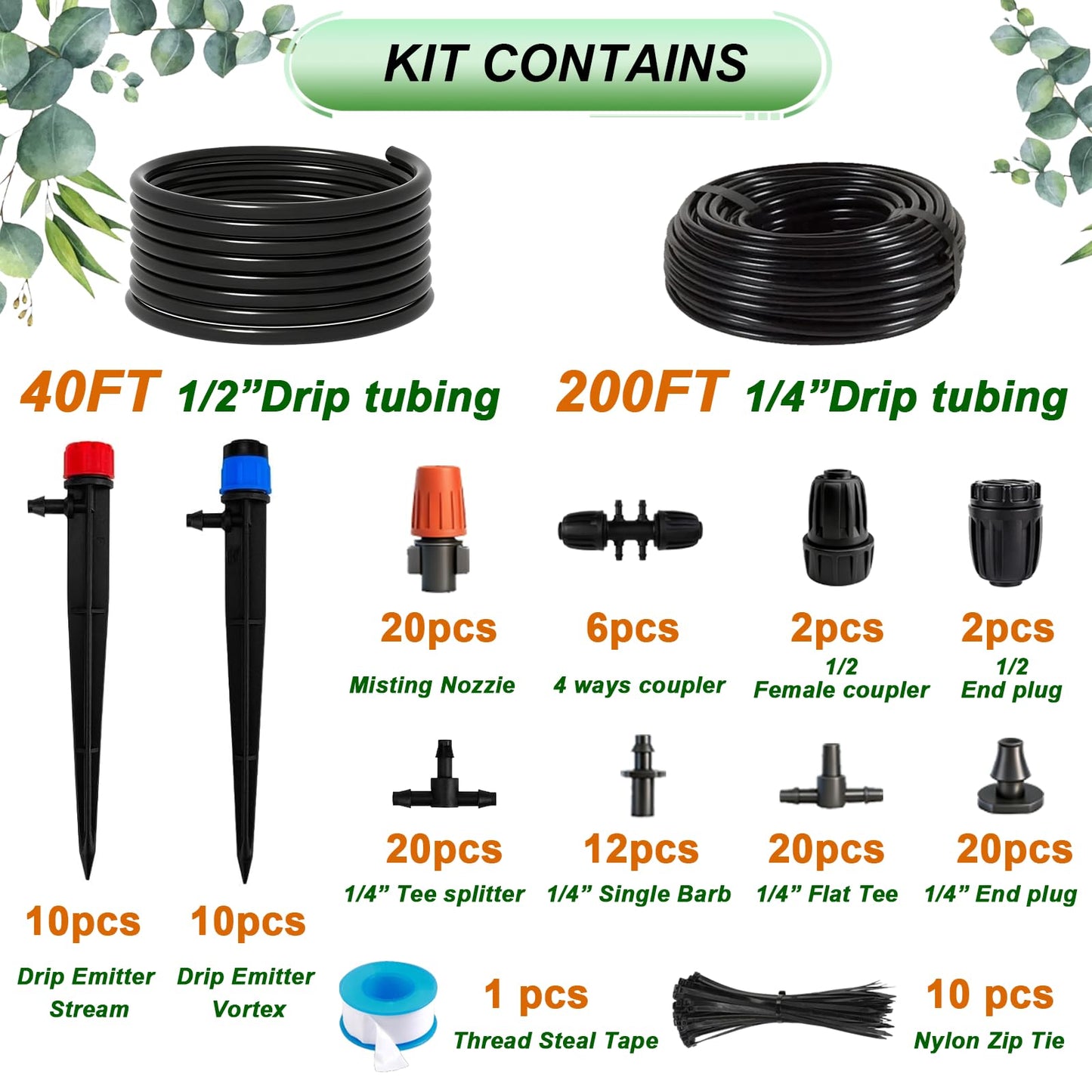Ruibapa 240FT Drip Irrigation System,Irrigation System for Garden with 1/2 inch Hose 1/4 inch Distribution Tubing and Accessories,Drip Irrigation Parts Garden Watering System