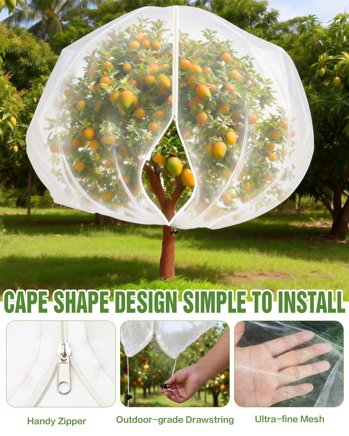 JoyHalo Large Fruit Tree Netting with Zipper & Drawstring, 10 × 10FT Pest Barrier Netting for Garden, 60-Mesh PE Tree Covers for Bush, Blueberry, Vegetables & Plant Protection (2 Packs)