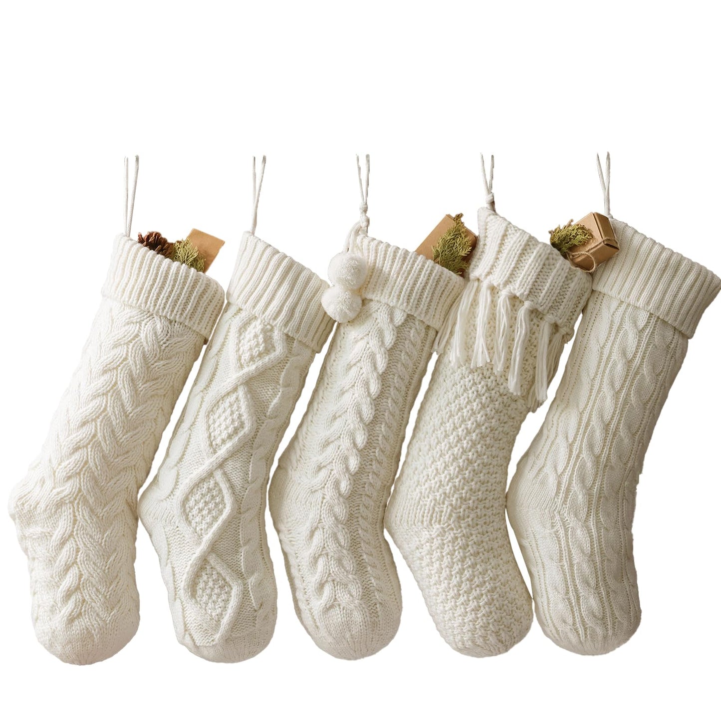 Farmhouse Knitted Personalized Christmas Stockings: 5 Pack 18 Inch Rustic Cable Knit Fireplace Cozy Hanging Xmas Stockings Boho Style Stocking Decorations for Family Holiday Décor, White Beige