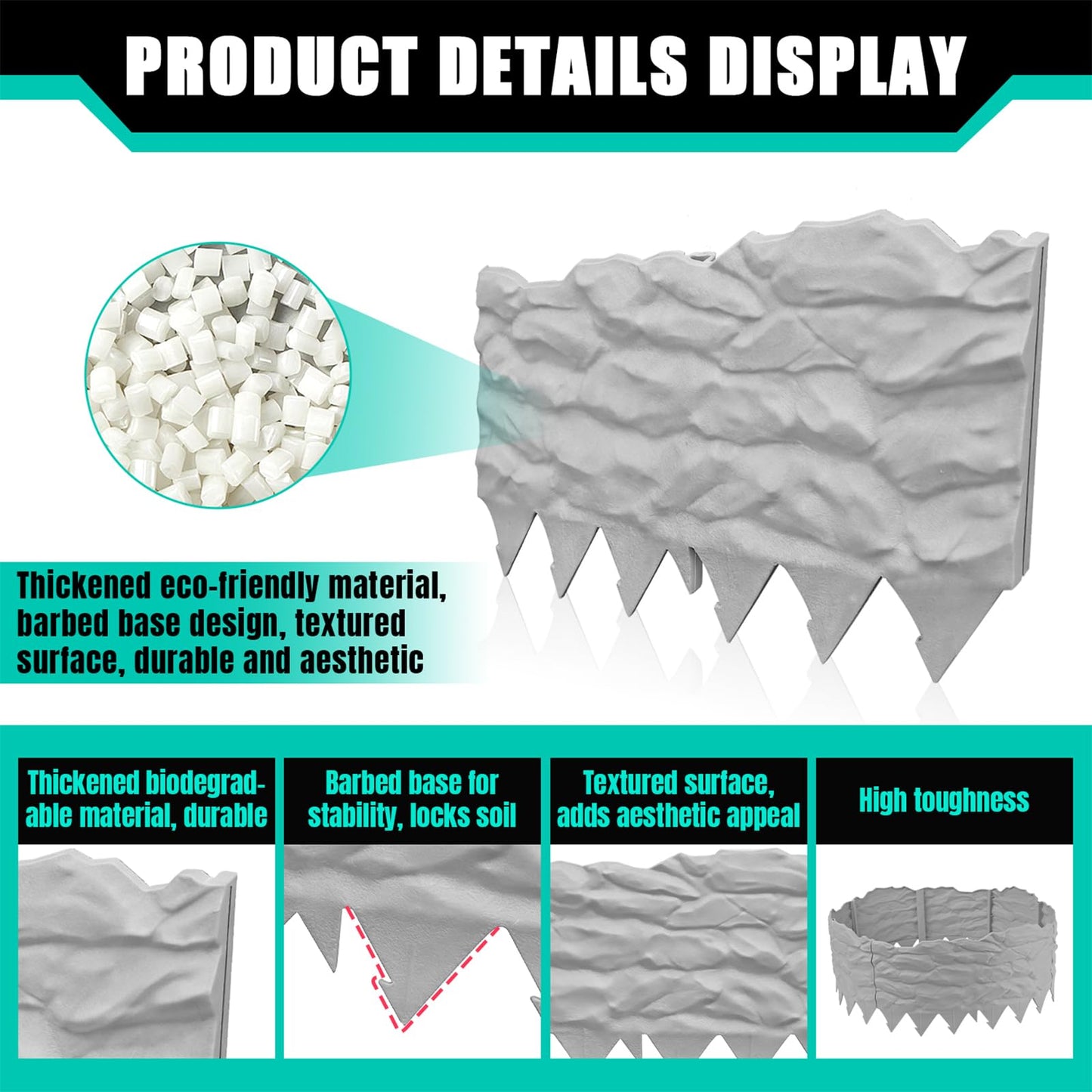 20-Pack No Dig Garden Edging Borders,20FT Plastic Lawn Edging with Spikes & Stone Texture - Easy Interlocking Landscape Edging for Yard, Flower Bed, Driveway, Heavy-Duty & Easy Install