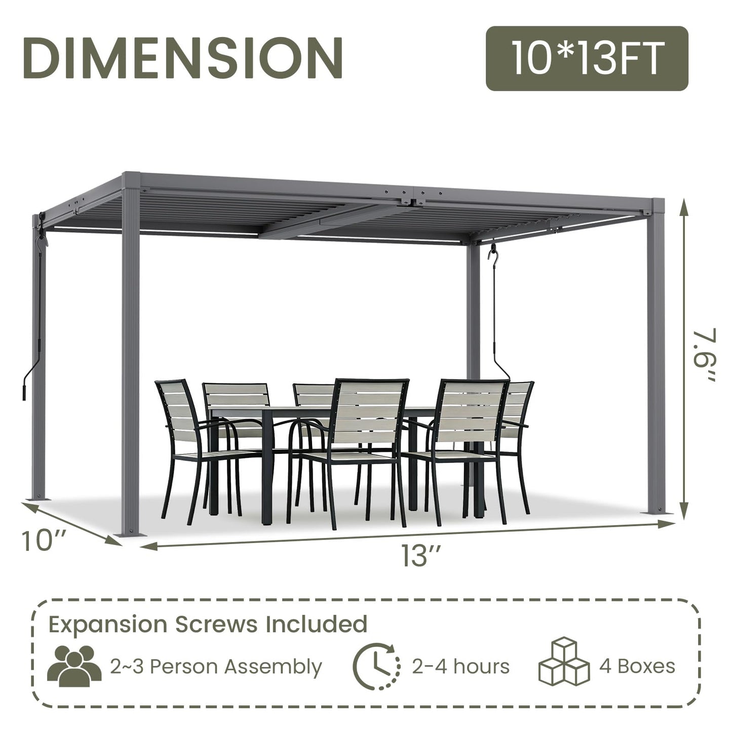 SAILARY Louvered Pergola 10' x 13', Outdoor Aluminum Pergola with Reinforced Steel Roof, Heavy-Duty Hardtop Gazebo for Patio Deck, Weatherproof Sun Shade Shelter, Grey
