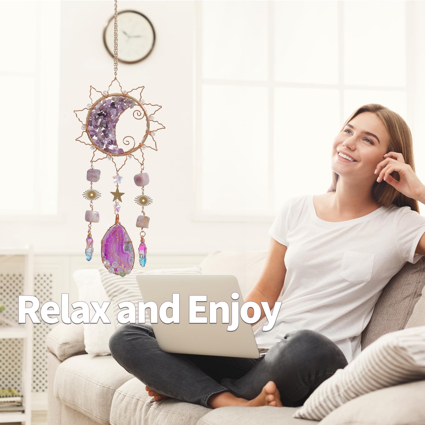 Amethyst Crystal Suncatchers for Windows Hanging Decor Rainbow Sun Catcher for Car Light Catcher Window Wall Garden Outdoor Decoration(Purple)