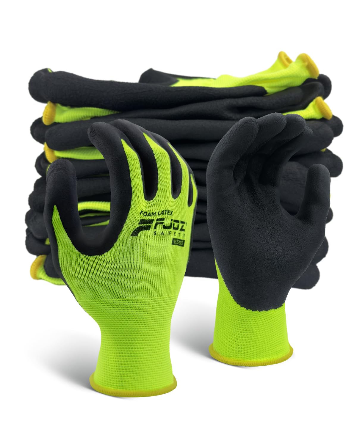 FJDZ SAFETY 13-gauge Seamless Nylon Shell Natural Rubber Foam Latex Coated Work Gloves Precision Handling, Construction, Warehouse,(Lime Green,Small)