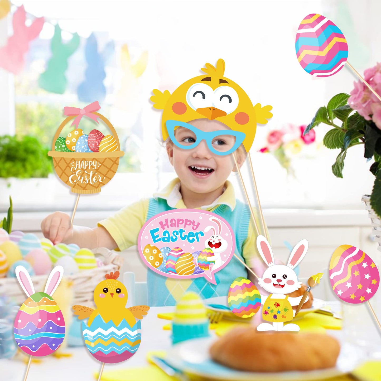 25 Pcs Happy Easter Photo Booth Props for Happy Easter Party Decoration Supplies, Easters Theme Selfie Props Photography Backdrop Decorations for Spring Easters Party Favors