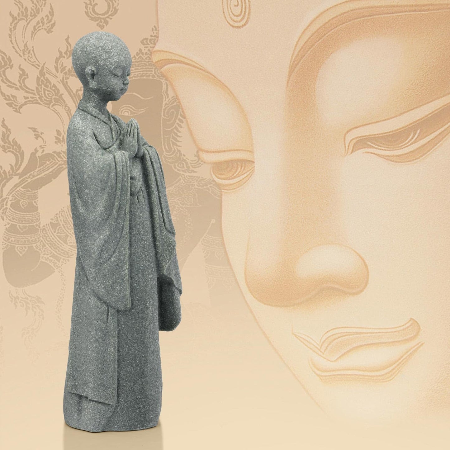 BEIZHAN Stone Buddha Statue for Home, Meditating Monk Statue with Praying Hands, Exquisite Asian Zen Decor for Home/Office (5.3 Inch)