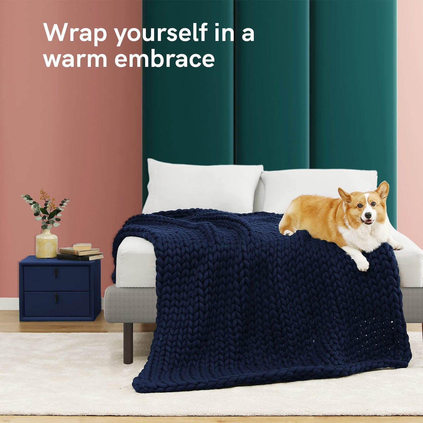 YnM Weighted Blanket, Handmade Chunky Knitted Design, Soft and Cozy, Temperature Regulating and Breathable, Machine Washable Throw for Sleep or Home Decor (Prussian Blue, 50x60 Inch, 10lbs)