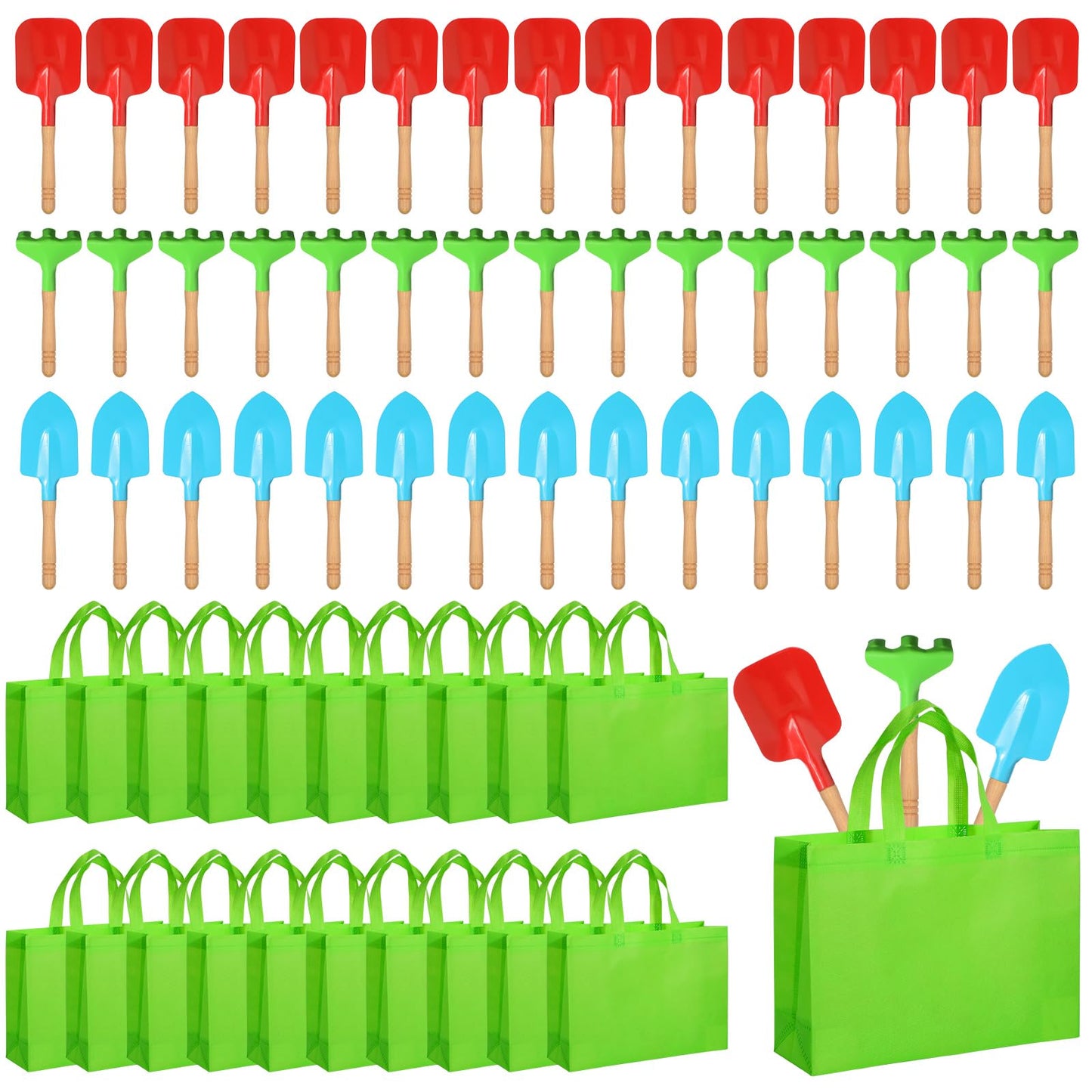 Liliful 40 Pcs Kids Gardening Tools Set Garden Rake Garden Shovel Gardener Trowel Green Tote Bags Metal Mini Gardening Tools with Wooden Handle Beach Sandbox Toy for Planting Loosening Digging