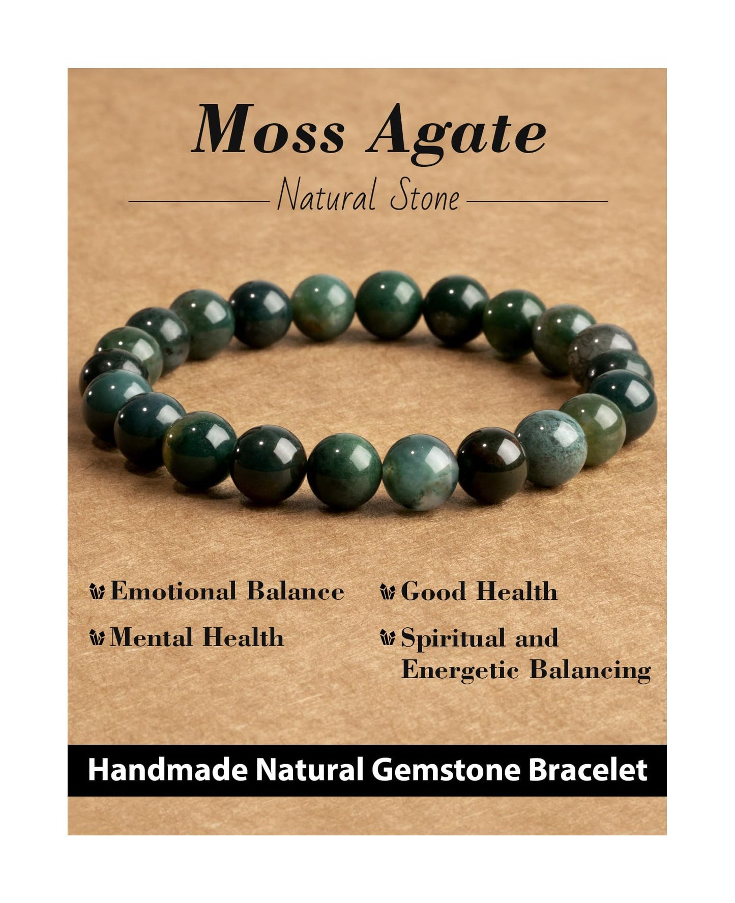 Landorilo Beaded Bracelet for Men Women, 8mm Natural Stone Moss Agate Healing Crystal Stretch Bracelets, Ideal Christmas Birthday Jewelry Gifts with Energy Card，Replacement Beads Included