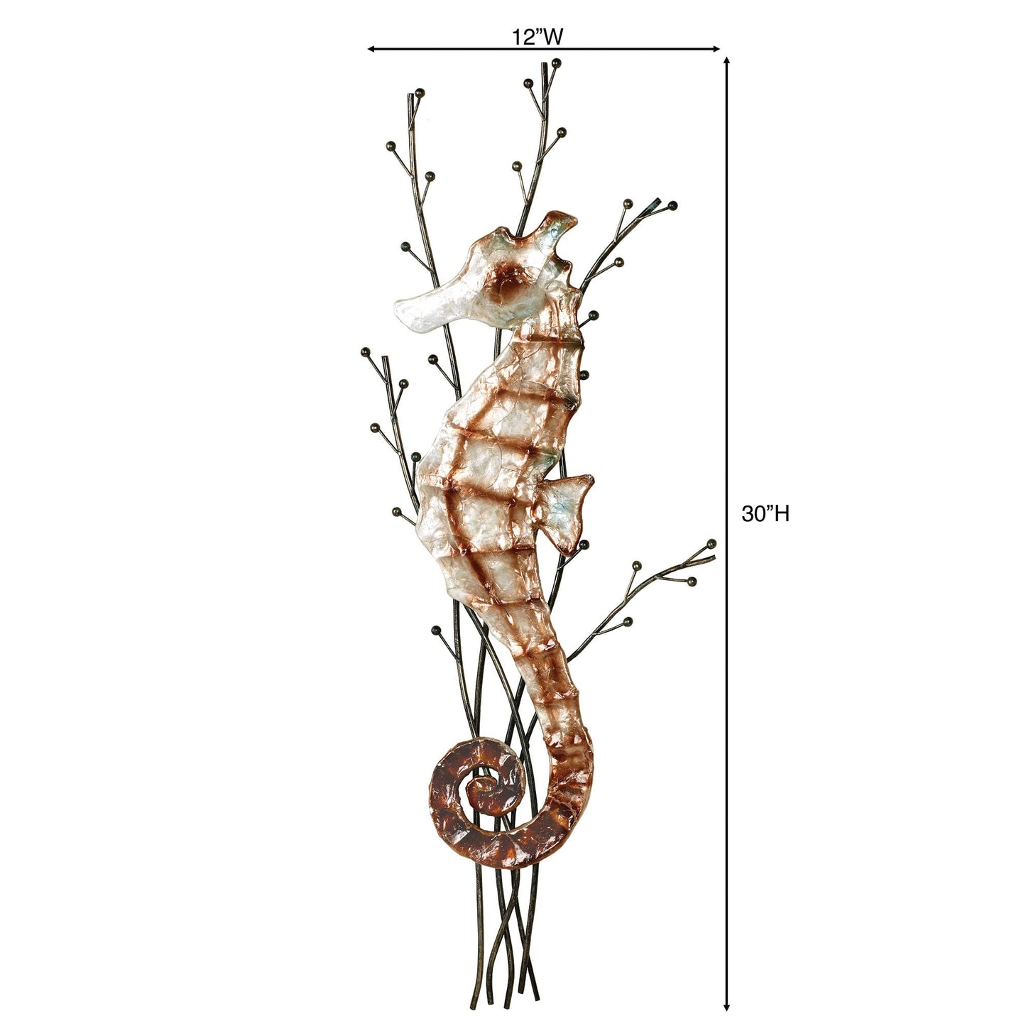 Touch of Class Atlantic Seahorse Metal Wall Sculpture Brown One Size - Coastal Style - Ocean Theme Decor - Metal and Capiz Shell Nautical Beach Themed Art for Bathroom, Bedroom - 31 Inches High