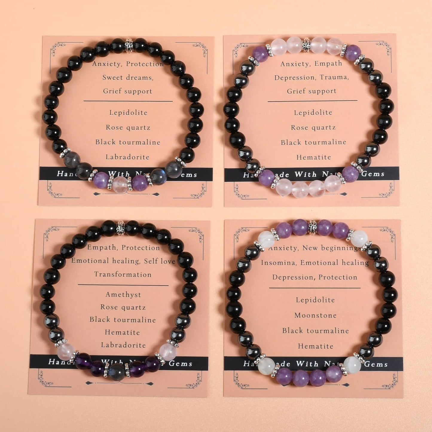 Gracayfr Anxiety Relief Bracelet New Beginnings Gifts Lepidolite Black Tourmaline Hematite Moonstone Emotional Healing Crystal Protection Items Jewelry For Women Lepi Moon