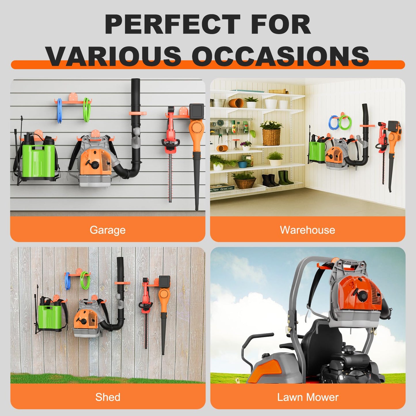 ZSLTLDU 2 Pack Backpack Blower Rack, Heavy Duty Anti-Scratch Leaf Blower Hanger with Hose Holder, Backpack Sprayer Wall Mount for Garage, Warehouse & Outdoor Tool Storage