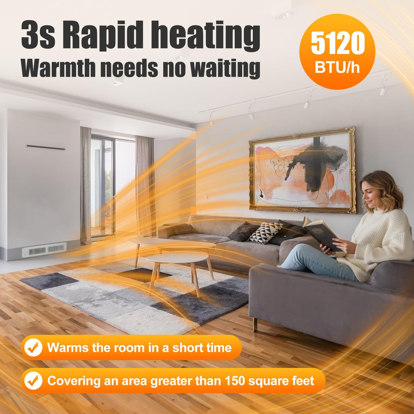 Model 112 Electric kickspace heater with built-in thermostat, 1500W toe kick heater, suitable for cabinet, vanity, and stairwell kick spaces, white