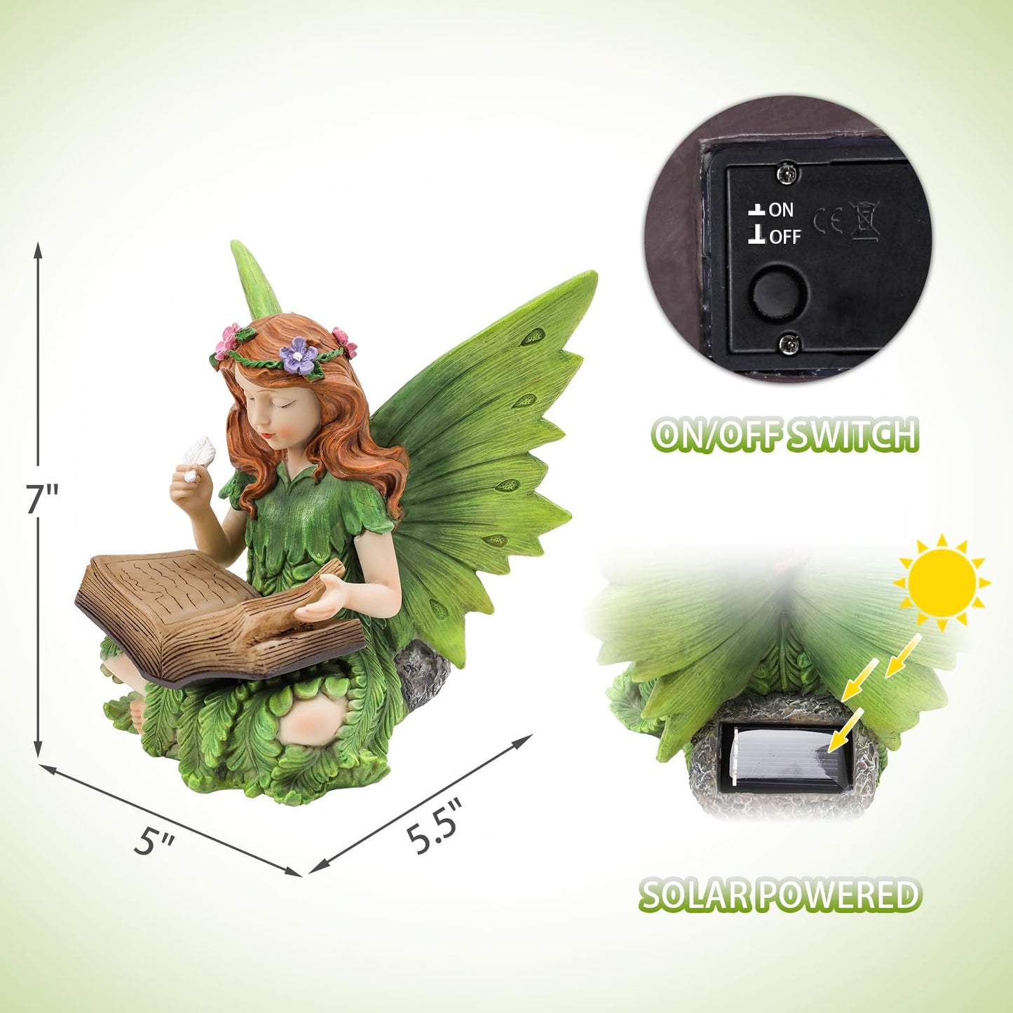 Afirst Solar Garden Fairy Statue, Green Fairy Solar Light Outdoor Resin Statues Figurine Light, Angel Reading Book Sculpture Solar Light for Outside Patio Garden Yard Lawn Decor