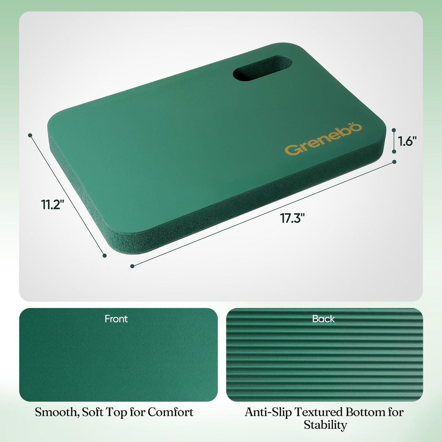 Grenebo 2-Pack 1.6" Extra Thick NBR Foam Garden Kneeling Pads, Ultra Soft Cushion Kneeling Pads for Gardening, Gardening Kneeling Pad for Baby Bathing, Work, Exercise, 17.3×11×1.6 in, Green