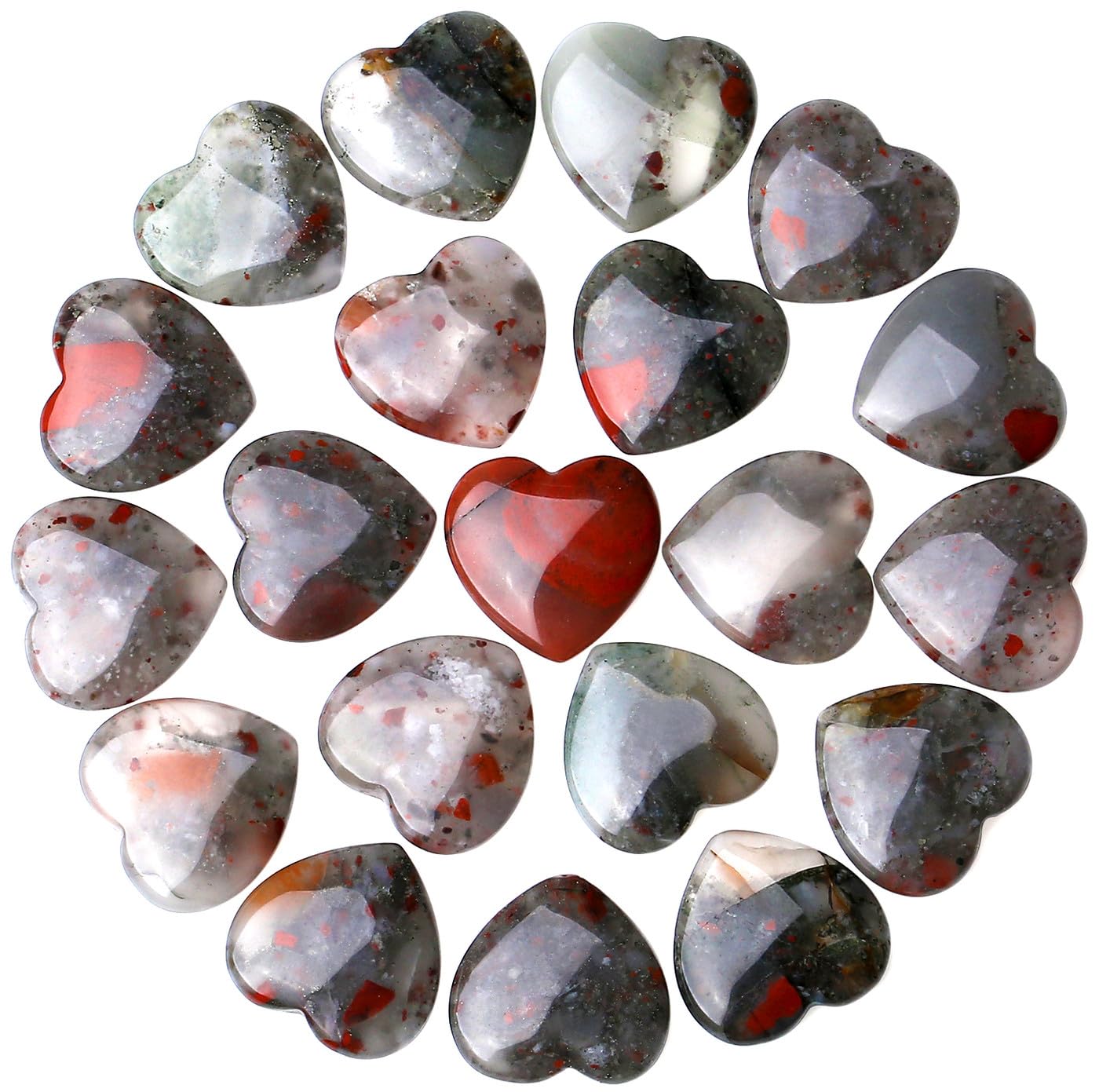 QINJIEJIE 20PCS African Bloodstone Heart Stones Crystals Bulk Love Shaped Worry Stone Heart Rock Pocket Polished Palm Gems Crystal Reiki Balancing Wholesale Carved Stone Decor Gift