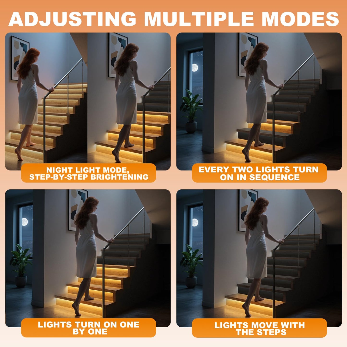 LANXEE Intelligent 16-Step Motion Sensor Stair Light for Indoor, 40 inches Long Cuttable Motion Lights for Stairs (16 Stairs,3000K)