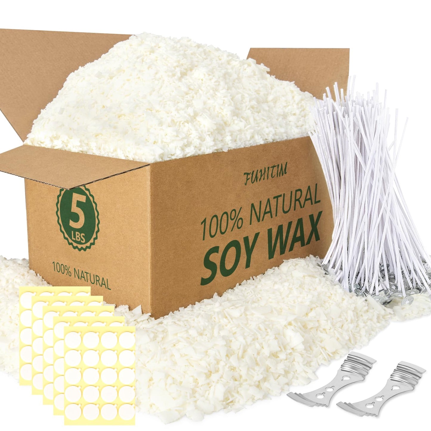 FUHITIM Soy Candle Wax for Candle Making 5 lbs Bag, Premium Natural Soy Wax Flakes, No additives and Pure, 100 Cotton Candle Wicks, 100 Wick Stickers, & 2 Centering Devices