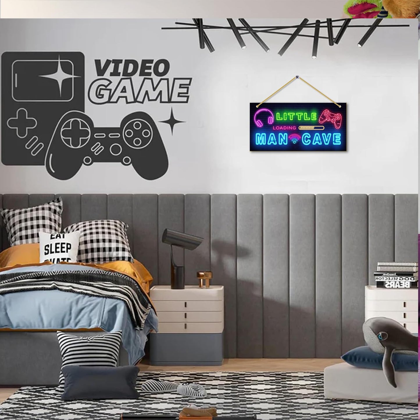 Little Man Cave, Boys Gaming Room Decor Wooden Door Sign for Gamer Room, Baby Boys Bedroom Wall Decorations for Nursery Toddler Nursery Playroom Wall Art