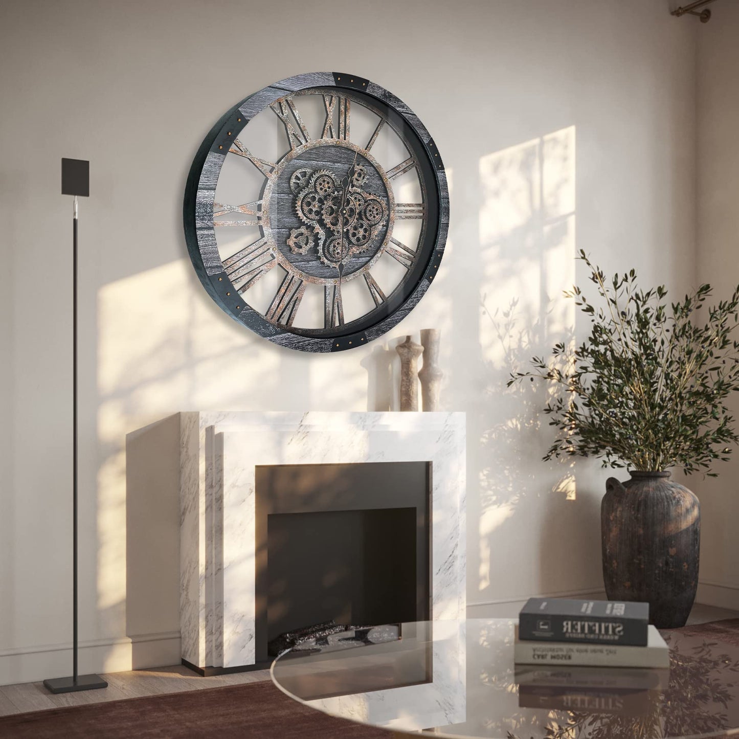 TOPPTIK 30 Inch Industrial Steampunk Wall Clock, Gray, Battery Operated, Real Rotating Gears, Solid Wood Frame, Oversized Wall Clock for Living Room Decor
