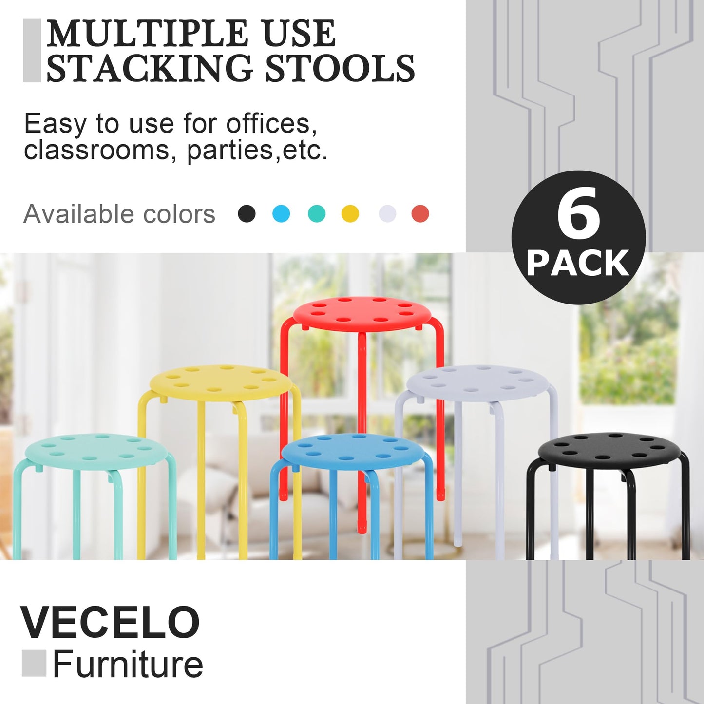 VECELO Stackable Stools Set of 6, 17.7 Inch Standard Height, Portable Plastic Colourful Decoration Stools for School Classroom and Office, No Assembly Required, White