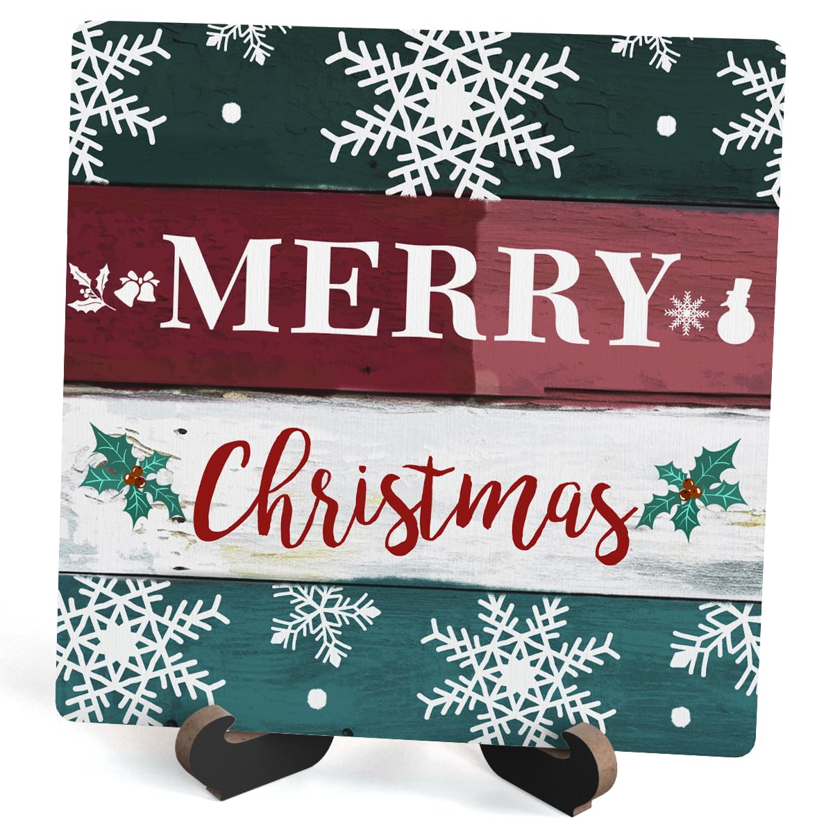 Christmas Wood Plaque With Stand, Merry Christmas Desk Sign Decor for Farmhouse Home Office Table Shelf, Rustic Xmas Wood Sign Gifts for Women Men -07