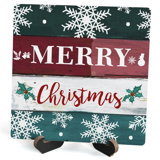 Christmas Wood Plaque With Stand, Merry Christmas Desk Sign Decor for Farmhouse Home Office Table Shelf, Rustic Xmas Wood Sign Gifts for Women Men -07
