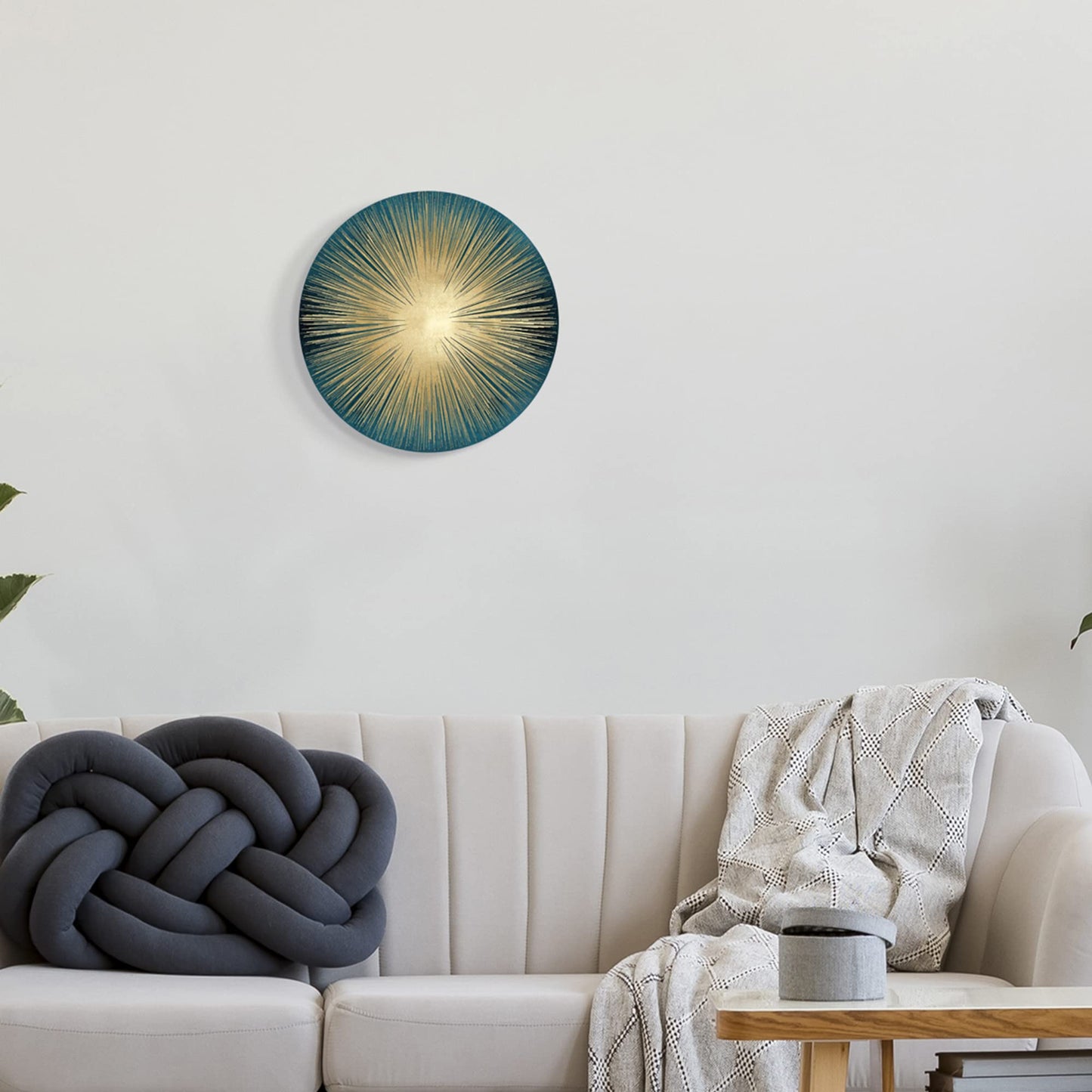 Stupell Industries Abstract Deco Sunburst Shape Over Dark Blue Circular Wall Plaque, 12" Diameter, Gold